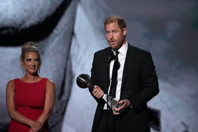 Prince Harry speaks after receiving the Pat Tillman Award For Service at the Espy Awards (Mark J Terrill/AP)