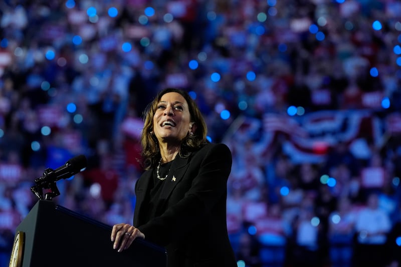 Democratic presidential nominee Vice President Kamala Harris speaks during a campaign rally in Madison (Jacquelyn Martin/AP)