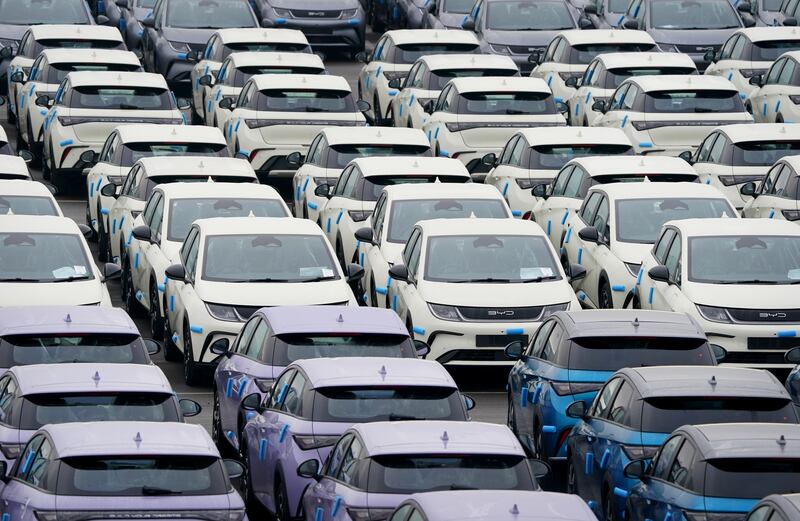 Chinese-made BYD passenger battery electric vehicles and plug-in hybrid electric vehicles in a compound in Sheerness, Kent