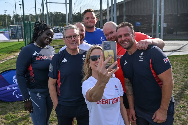 Sir Keir Starmer met British athletes during his visit to Paris, including Funmi Oduwaiye (left), Daniel Pembroke (second from right), Aled Davies (right) and head of preparations Maria Adey (centre)