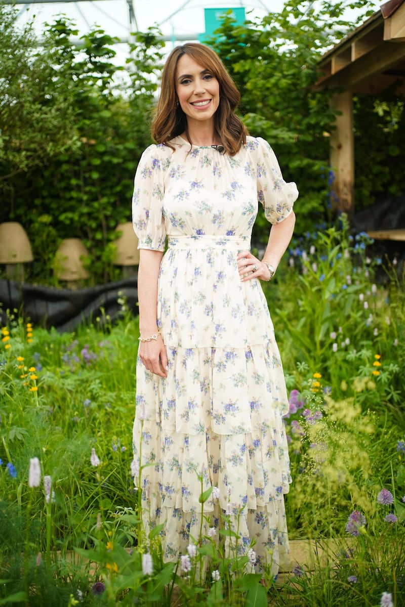 TV presenter Alex Jones wore a tiered L K Bennett floral dress to the RHS Chelsea Flower Show in May