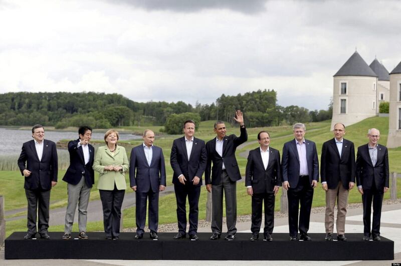 Russian President Vladimir Putin, pictured here with other world leaders at the G8 summit held at the Lough Erne Resort in Co Fermanagh in 2013, has been accused of attempting to subvert democracy by interfering in elections 