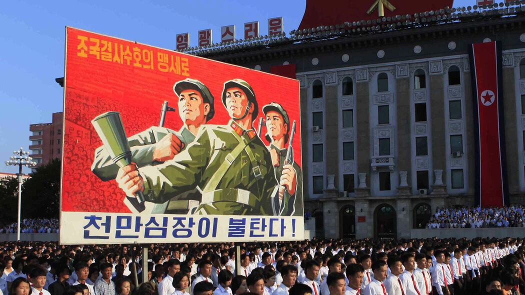 Tens of thousands of North Koreans gather for a rally at Kim Il Sung Square carrying placards and propaganda slogans as a show of support for their rejection of the United Nations' latest round of sanctions on Wednesday Aug. 9, 2017, in Pyongyang, North Korea. Picture by Jon Chol Jin, Associated Press&nbsp;
