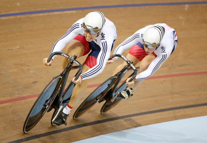 Great Britain's Ryan Owens (left) and Joe Truman in the first round of the Men's Team Sprint during day three of the UCI Track Cycling World Cup at the Sir Chris Hoy Velodrome, Glasgow.