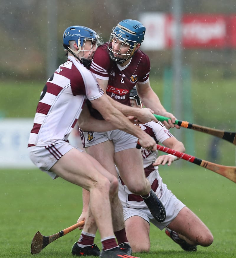 Slaughtneil Conor Coyle gets his nose crunched in a challenge with Brian McGilligan of Banagher during the Derry Senior Hurling Championship final played at Owenbeg on Saturday 26th October 2024. Picture Margaret McLaughlin