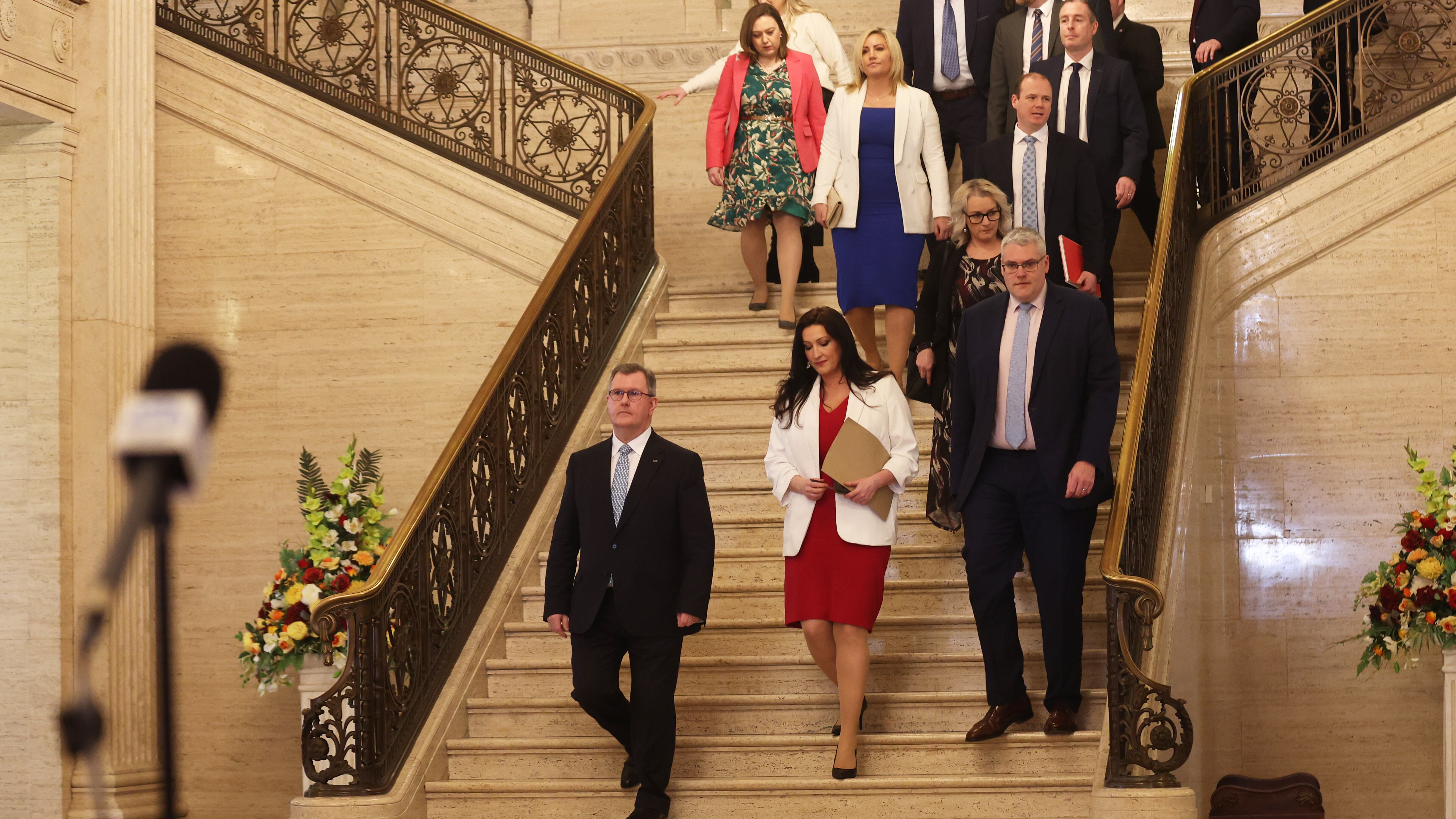 DUP Leader Jeffrey Donaldson leads his MLA’s to Stormont  , as Northern Ireland's devolved government is to be  restored, Two years to the day since it collapsed. PICTURE:  COLM LENAGHAN