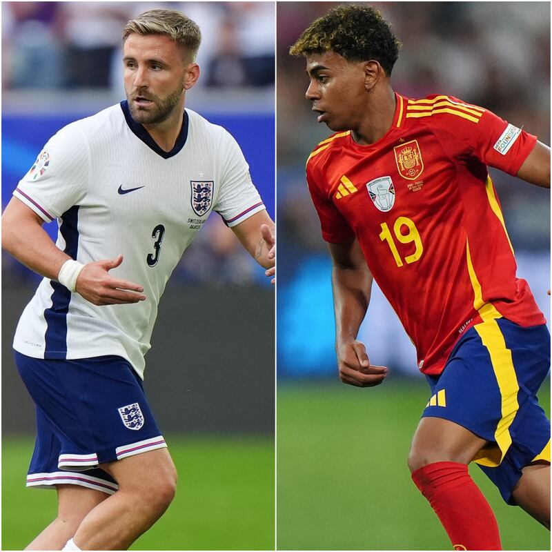 Luke Shaw (left) will be hoping he gets the nod to start against Spain’s 16-year-old Lamine Yamal.