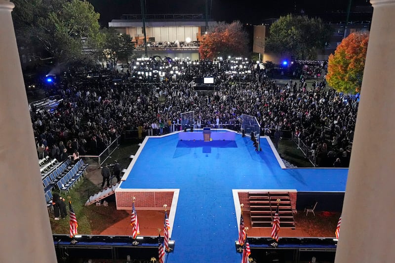 Supporters surround an empty stage at Democratic presidential nominee Vice President Kamala Harris’ election night campaign watch (David J. Phillip/AP)