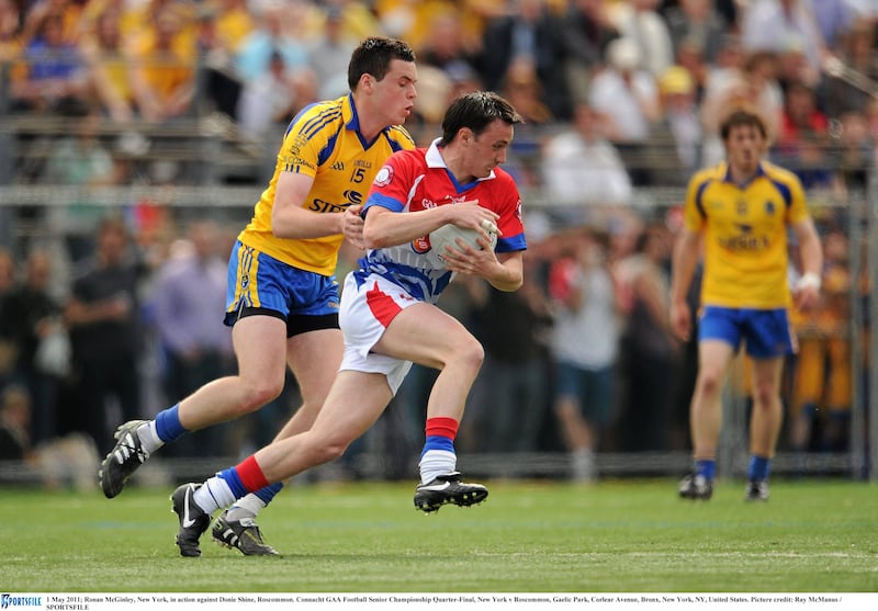 Ronan McGinley of New York, in action against Donie Shine, Roscommon. Connacht GAA Football Senior Championship Quarter-Final, New York v Roscommon, Gaelic Park, Corlear Avenue, Bronx, New York, NY, United States