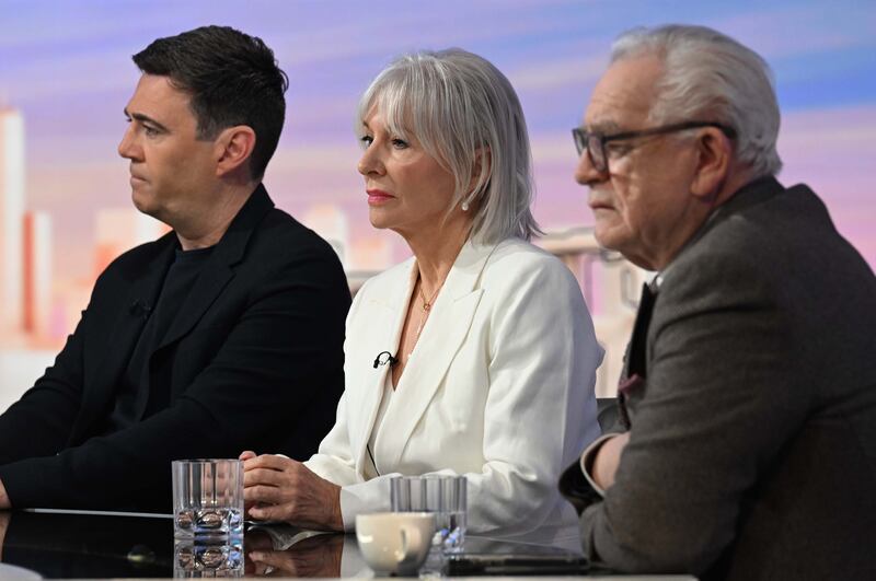 (L to R) Manchester Mayor Andy Burnham, former cabinet minister Nadine Dorries and actor Brian Cox on the BBC’s Sunday With Laura Kuenssberg