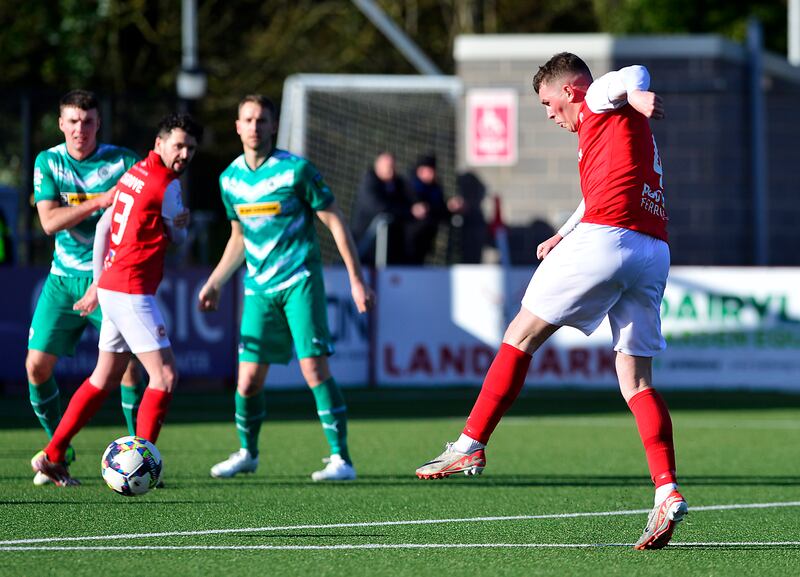 Larne's Aaron Donnelly pictured scoring his teams second goal during Saturday Sports Direct Premiership game against Cliftonville at Inver Park in Larne.
Picture: Arthur Allison/Pacemaker Press.