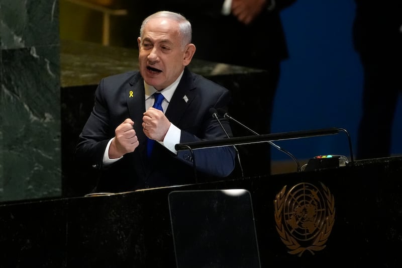 Israeli Prime Minister Benjamin Netanyahu addresses the UN General Assembly (Pamela Smith/AP)