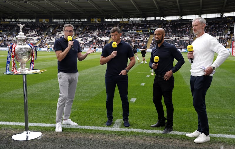 (L to R) BBC Sport presenter Mark Chapman with pundits Paul Wellens, Jamie Jones-Buchanan and Jamie Peacock