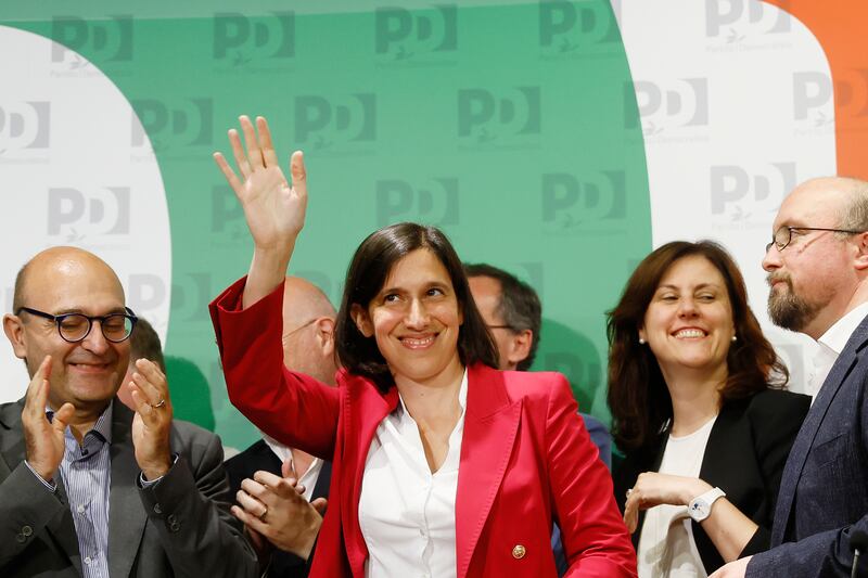 The Democratic Party’s Elly Schlein waves to supporters (Cecilia Fabiano/LaPresse via AP)