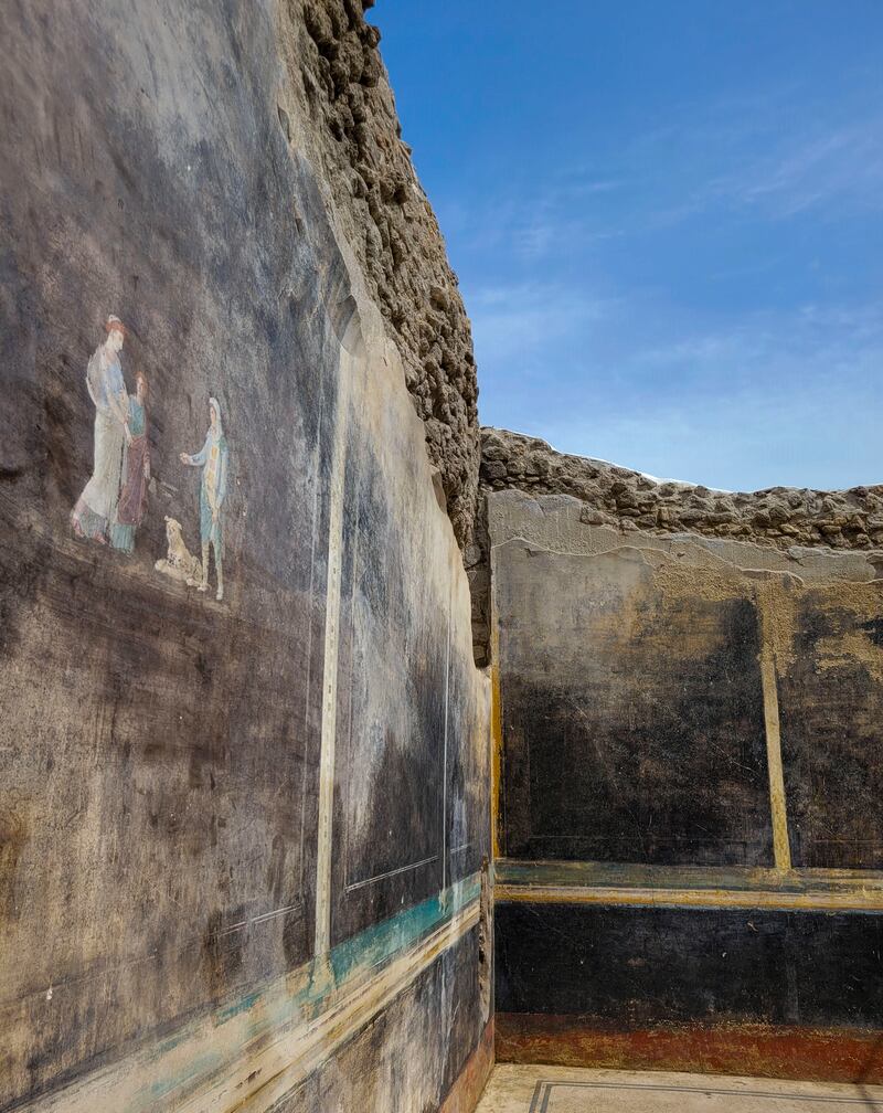 A fresco depicting Greek mythology’s figures Cassandra, a cursed prophetess, and Apollo, God of oracles and knowledge, inside the banquet hall (Italian Culture Ministry/AP)