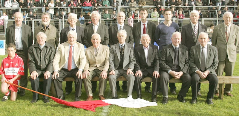 The Derry team which played against Dublin in the 1958 All-Ireland final with Jim McKeever fifth from the left on the front row pictured at half-time of the 2008 Ulster SFC final at Clones   Picture: Margaret McLaughlin