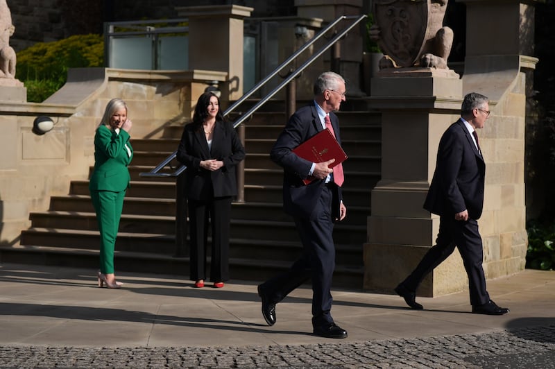 Prime Minister Sir Keir Starmer and Northern Ireland Secretary Hilary Benn leaving after meeting First Minister Michelle O’Neill and deputy First Minister Emma Little-Pengelly at Stormont Caste