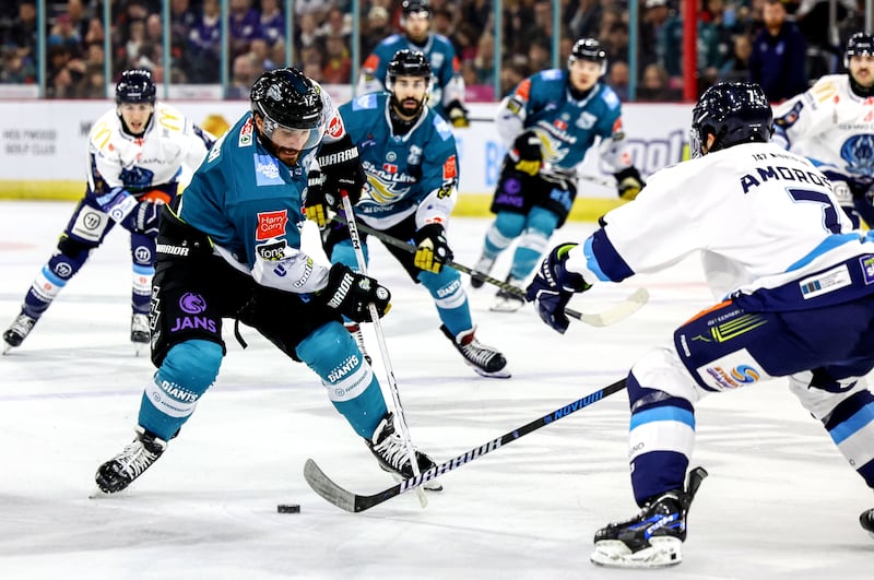 Belfast Giants’ JJ Piccinich with Coventry Blaze’s Terrance Amorosa during Saturday night’s EIHL game at the SSE Arena, Belfast
Picture: William Cherry/Presseye