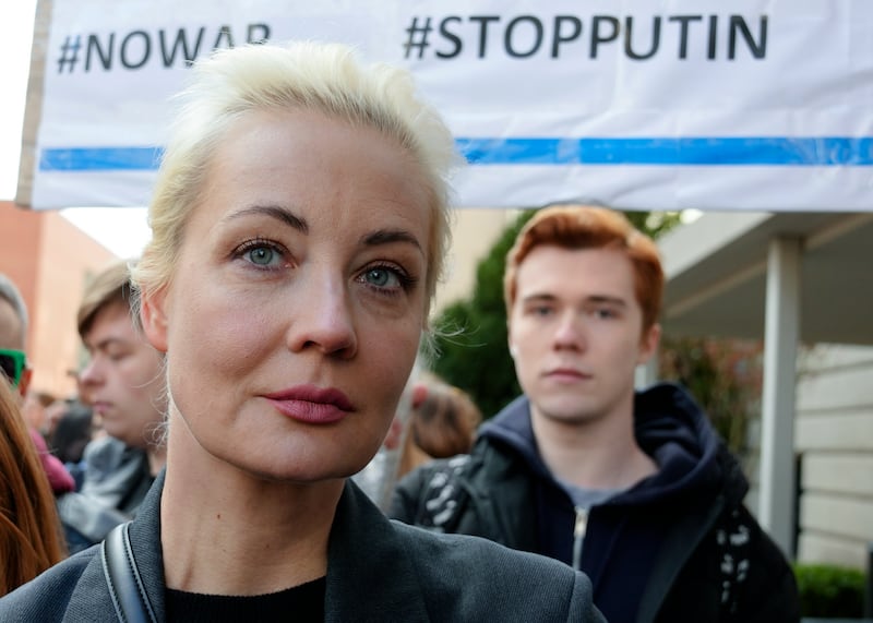 Yulia Navalnaya, the widow of Alexey Navalny, stands in a queue with other voters at a polling station near the Russian embassy in Berlin, after noon on Sunday (Ebrahim Noroozi/AP)