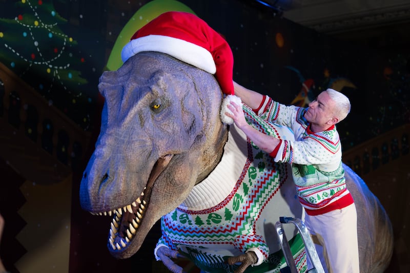 A member of staff adjusts a giant Santa hat at the unveiling of the Natural History Museum’s 2024 Christmas jumper