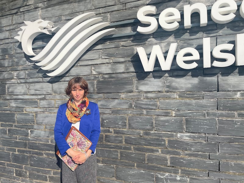 Gemma Williams, a member of My Death, My Decision outside the Senedd