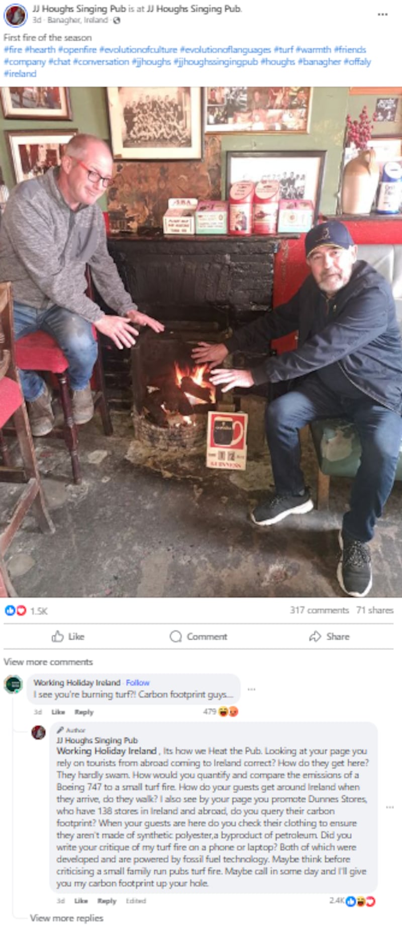 The pub shared the post of their first fire of the season on Friday