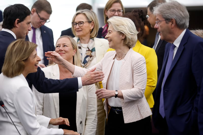 Ursula von der Leyen, centre, greeted European commissioners as she arrived at the European Parliament on Thursday (Jean-Francois Badias/AP)