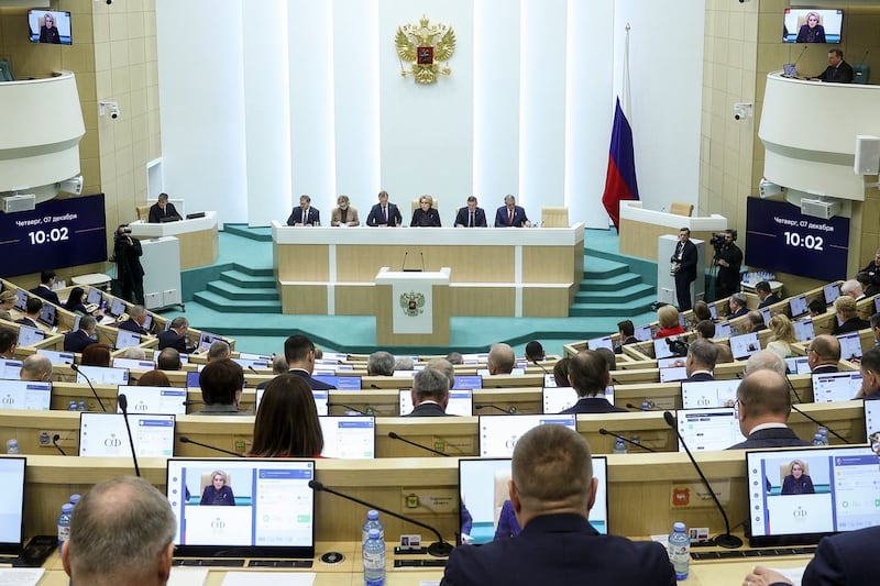 Valentina Matviyenko, speaker of the Federation Council, the Russian parliament’s upper chamber, background centre, leads the session of the Federation Council of the Federal Assembly of the Russian Federation in Moscow, Russia 