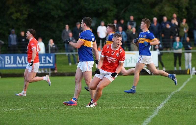 Clann Eireann’s Ruairi McDonald  scores a goal during Saturday’s  Championship game in Maghery.
PICTURE COLM LENAGHAN