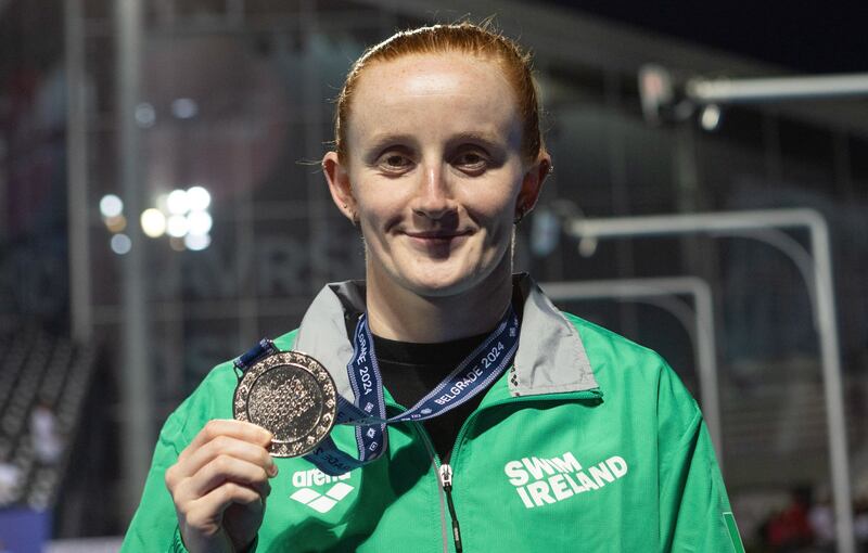 22 June 2024; Danielle Hill of Ireland with her silver medal after the Women's 50m Freestyle final during day six of the 2024 European Aquatics Championships at Belgrade, Serbia. Photo by Nikola Krstic/Sportsfile