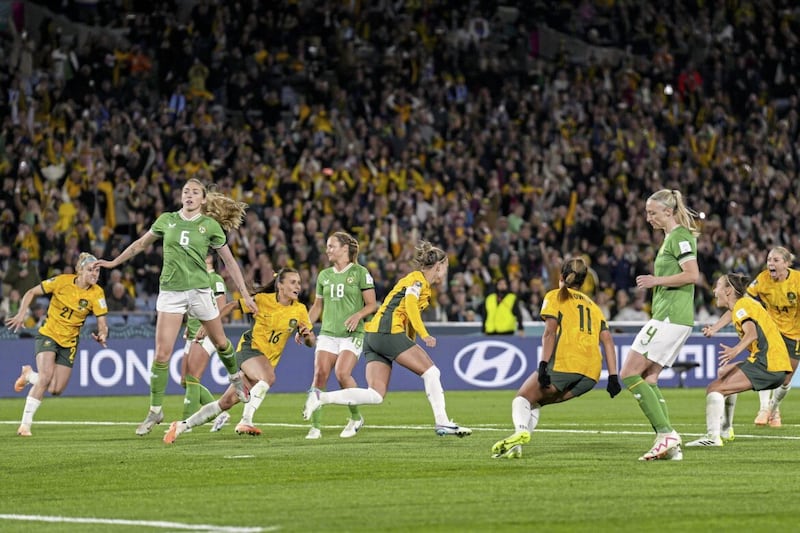 Australia&#39;s Steph Catley celebrates scoring their side&#39;s penalty, condemning the Irish to an opening World Cup defeat 