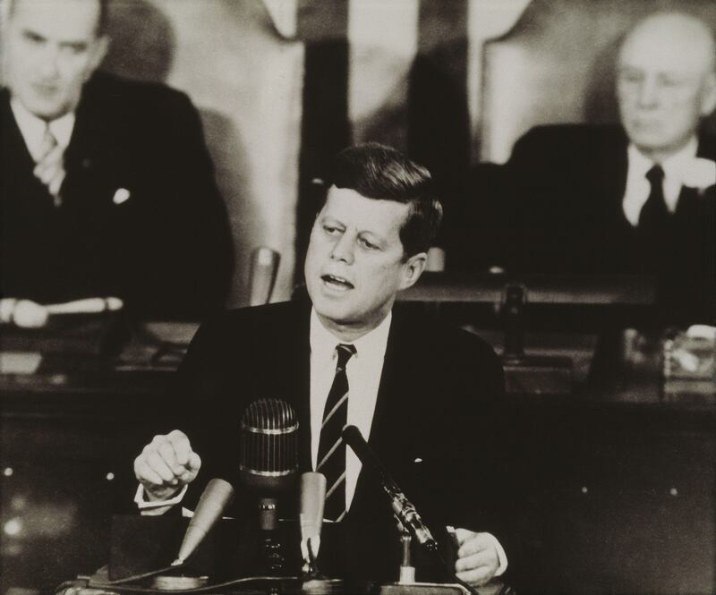 2E2JP4K Celebrity. Politician. President John F. Kennedy addressing the United States Congress in Washington D.C. on 25th May 1961 set the goal of landing man