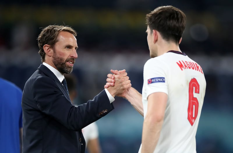 Harry Maguire (right) was part of Gareth Southgate’s (left) first-choice centre-back pairing with England