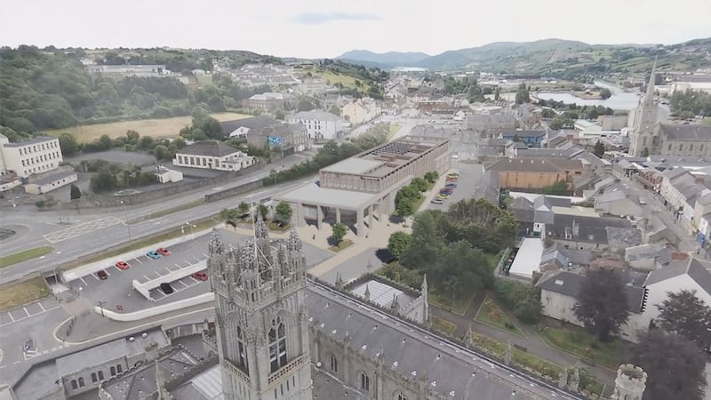 Image of Newry Cathedral and artist\'s impression of the new NMDDC Civic Centre. (Image from NMDDC website) Permission for all LDRS to publish. 