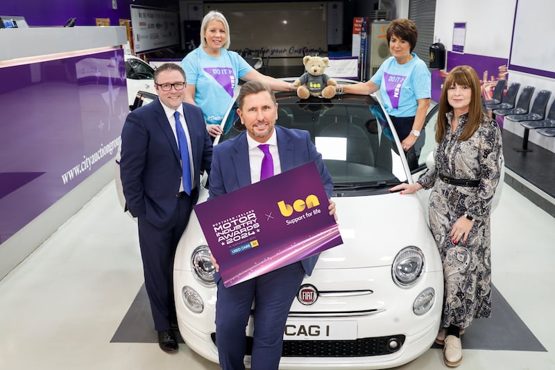 The 2024 Northern Ireland Motor Industry Awards will take place Thursday 7 November 2024 at the Crowne Plaza Hotel in Belfast. The event will see a Fiat 500 worth over £5,000, auctioned in aid of automotive charity Ben. Pictured (L-R): Stephen Kelly, CEO at Used Cars NI; Michael Tomalin, chief executive at City Auction Group; Sasha Jeffrey, ASG & Partners; and two fundraising representatives for Ben.