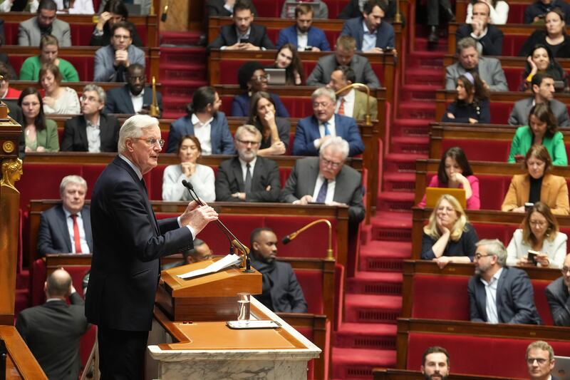 French Prime Minister Michel Barnier delivers his speech at the National Assembly (Michel Euler/AP)