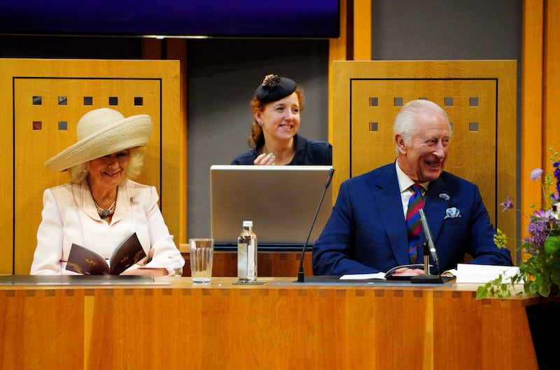 The King and Queen sitting in the Senedd during the special session