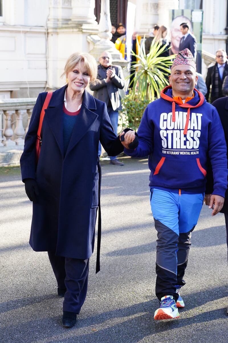 Dame Joanna Lumley with restaurant owner Sujan Katuwal outside the Embassy Of Nepal as he set off on his challenge