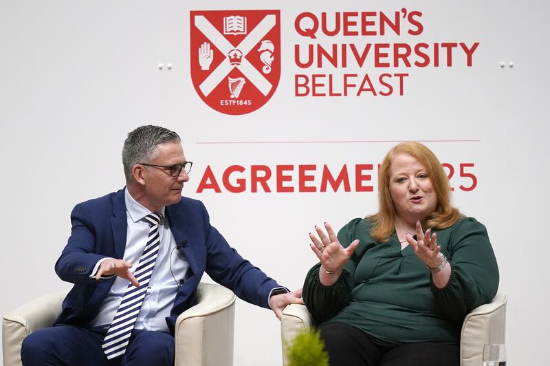 Mark Simpson and Alliance Party leader Naomi Long attending the three-day international conference at Queen's University Belfast to mark the 25th anniversary of the Belfast/Good Friday Agreement.