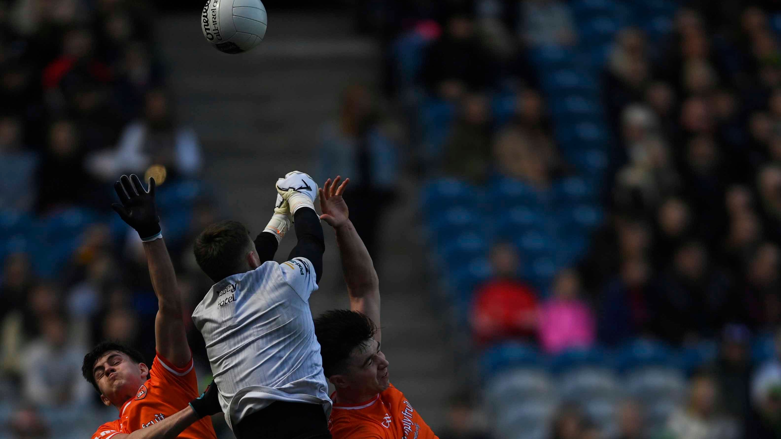 Armagh goalkeeper Blaine Hughes clears his lines during Sunday's Division Two final at Croke Park. Picture Mark Marlow