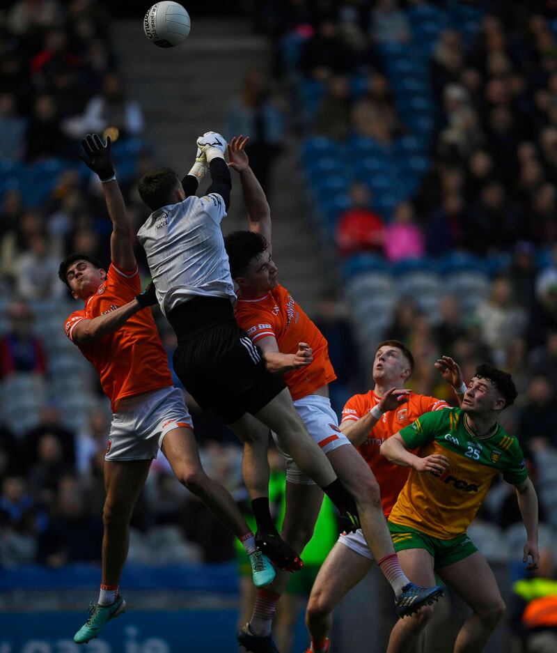 Armagh goalkeeper Blaine Hughes clears his lines during Sunday's Division Two final at Croke Park. Picture Mark Marlow