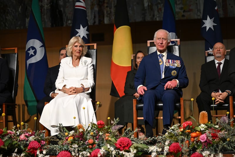 The King and Queen on stage during the event in Canberra