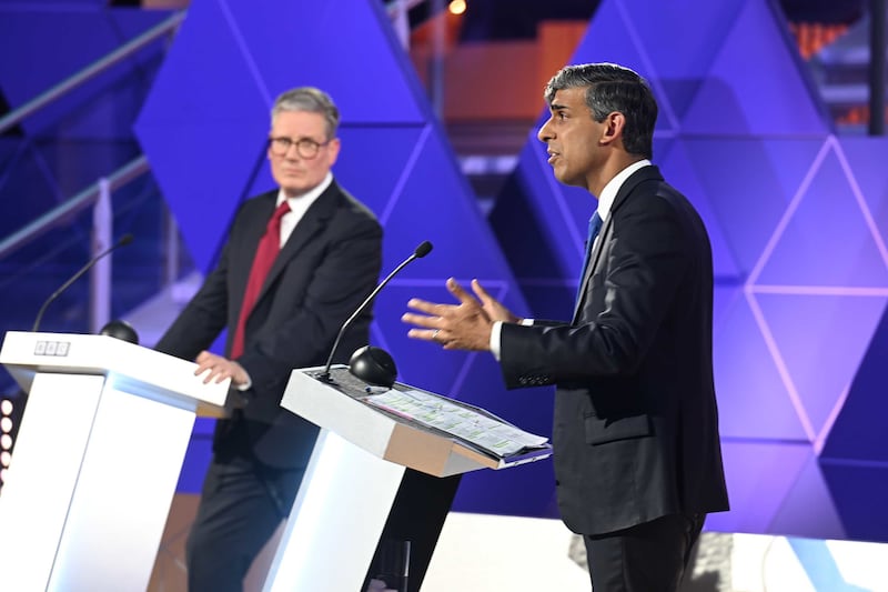 BBC handout photo of Prime Minister Rishi Sunak and Labour leader Sir Keir Starmer during their BBC head-to-head debate in Nottingham (Jeff Overs/BBC)