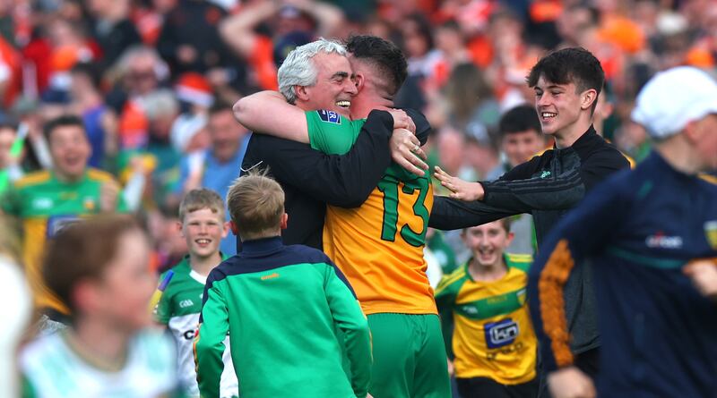 Donegal’s manager Jim McGuinness and captain Patrick McBrearty celebrate after the penalty shoot out win over Armagh in Sunday's Ulster final.
©INPHO/James Crombie