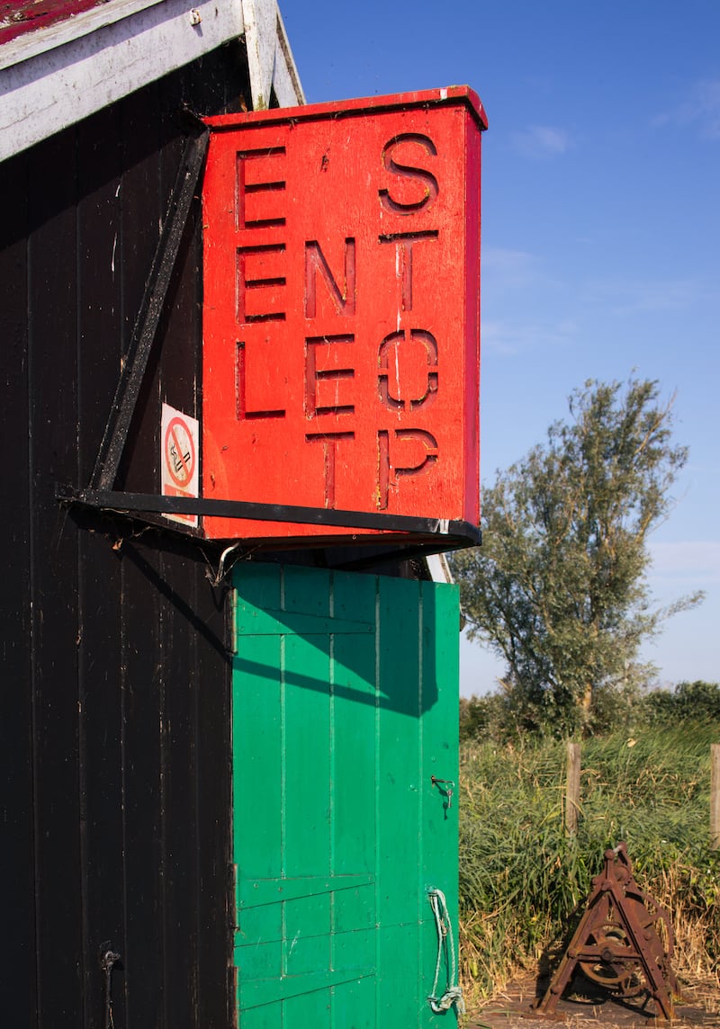 An ‘eel net stop’ sign at the Eel Sett.