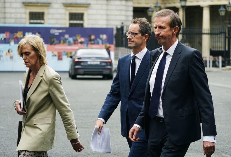 RTÉ Commercial Director Geraldine O'Leary (left), Interim Deputy Director General Adrian Lynch (centre) and Chief Financial Officer Richard Collins (right) arriving at Leinster House, Dublin, to appear before the Committee on Tourism, Culture, Arts, Sport and Media, to speak in relation to the controversy around Ryan Tubridy's misreported salary payments. Picture by Brian Lawless/PA Wire