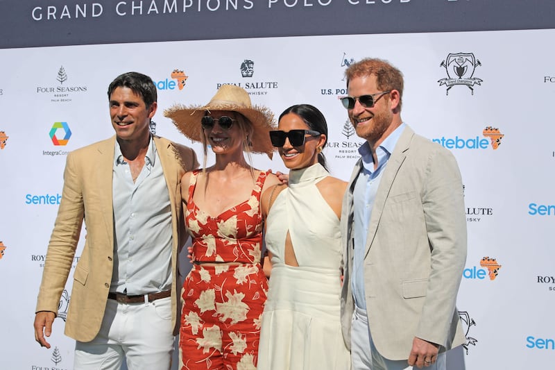 Harry and Meghan with polo player Ignacio ‘Nacho’ Figueras and his wife Delfina Blaquier during the Royal Salute Polo Challenge in April