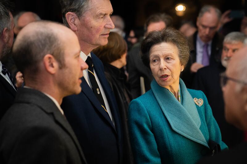 The Princess Royal meets stonemason Will Davies (left) after a service of dedication for the Ernest Shackleton memorial stone