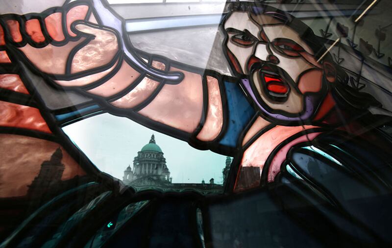 The huge stained glass monuments, the first of which was unveiled this morning, will form part of a major new campaign to promote Northern Ireland around the world as &lsquo;Game of Thrones Territory&rsquo;. Picture by Hugh Russell &nbsp;