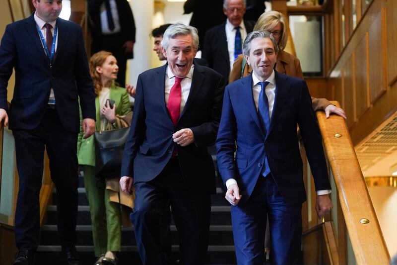 Former UK prime minister Gordon Brown (left) and Taoiseach Simon Harris at the inaugural Child Poverty and Well-being Summit at Dublin Castle